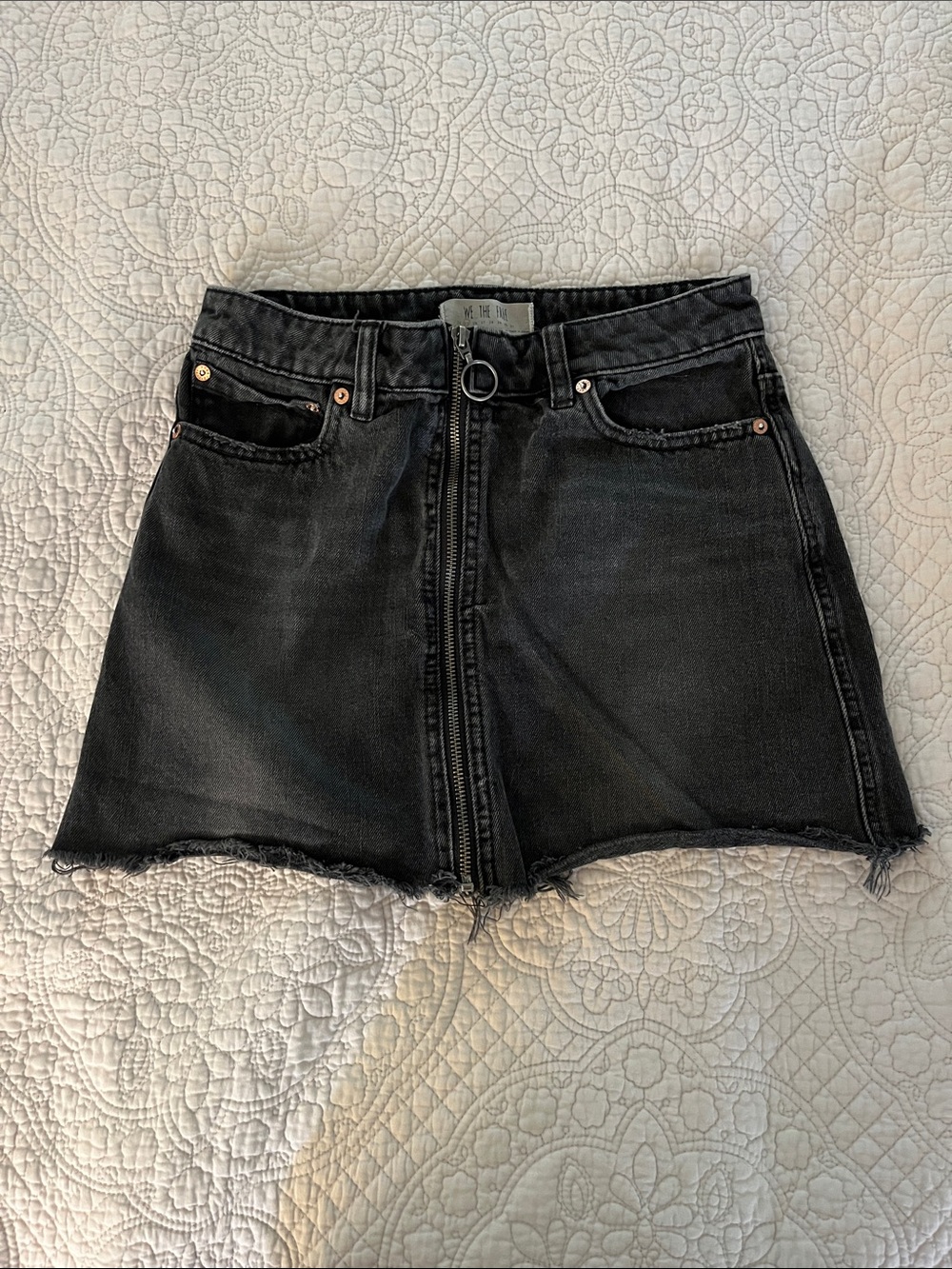 We The Free Black Raw-Hem Zip-Front Denim Mini Skirt